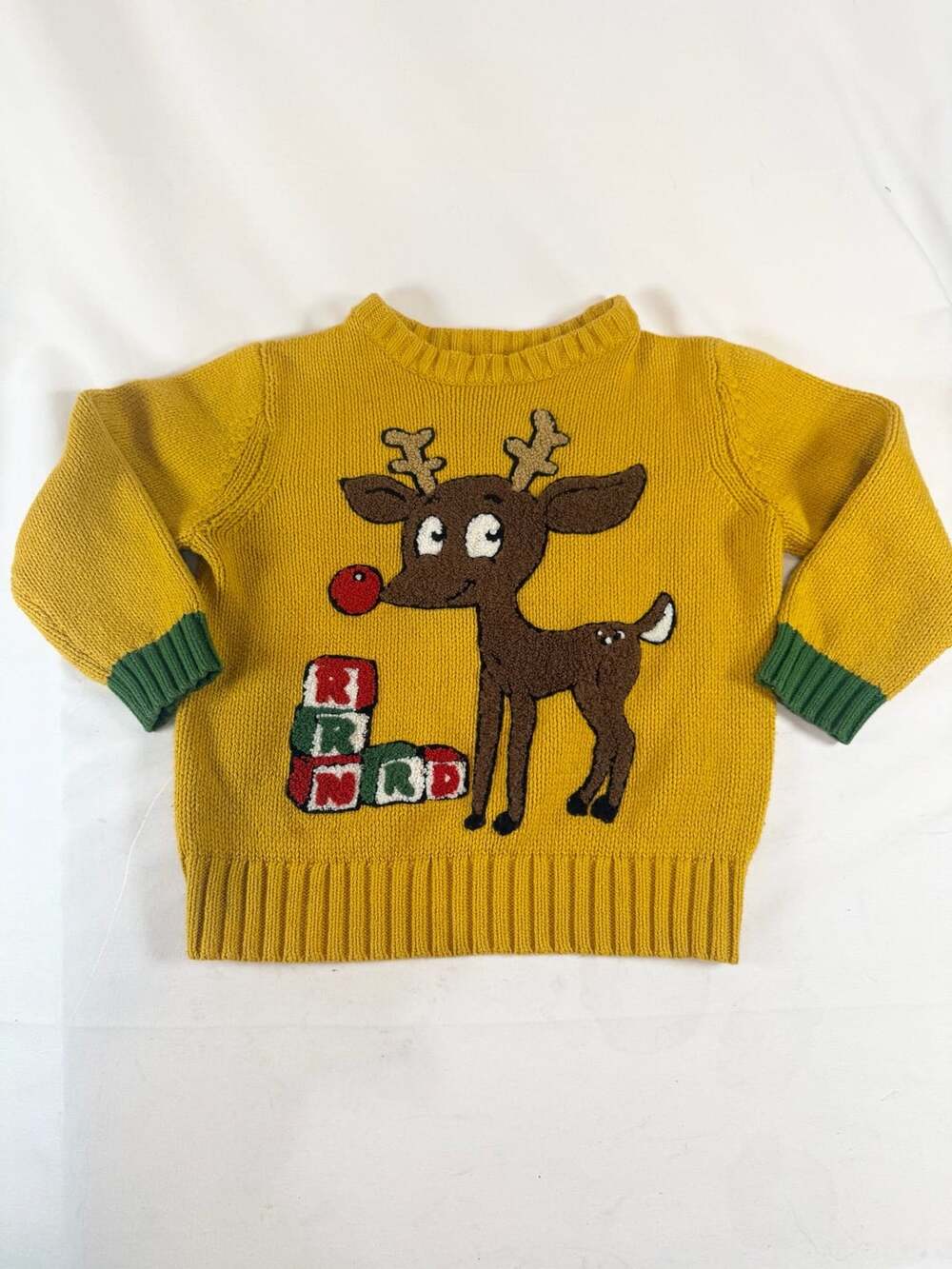 Whoopi Kids Size 5T Mustard Yellow Chunky Knit Christmas Reindeer Sweater Red No
